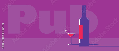 Design for pub, restaurant, wine list design, kitchen design. Bottle of alcohol, glass with cocktail, drink party flyer, chardonnay, pinot noir