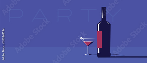 Flat illustration alcohol bottle, glass with cocktail, drink. Restaurant banner, party, martini, margarita, wine list design, sommelier, kitchen decor, alcohol store