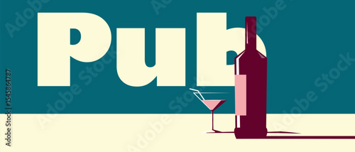 Pub poster, restaurant, alcohol menu, drink party. Martini bottle, glass, cocktail, drink, flat design vector