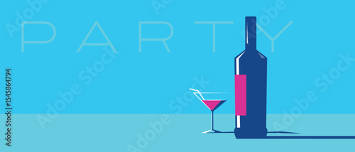 Bottle of alcohol next to a cocktail glass, blue background, vector flat illustration. Perfect for wine list design, restaurant banner, drink party flyer, martini, margarita
