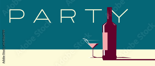 Flat illustration of a bottle of alcohol, a cocktail glass, dark background, horizontal format. Ideal for decorating a bar poster, a flyer for a drink party, a cocktail menu, martini, margarita