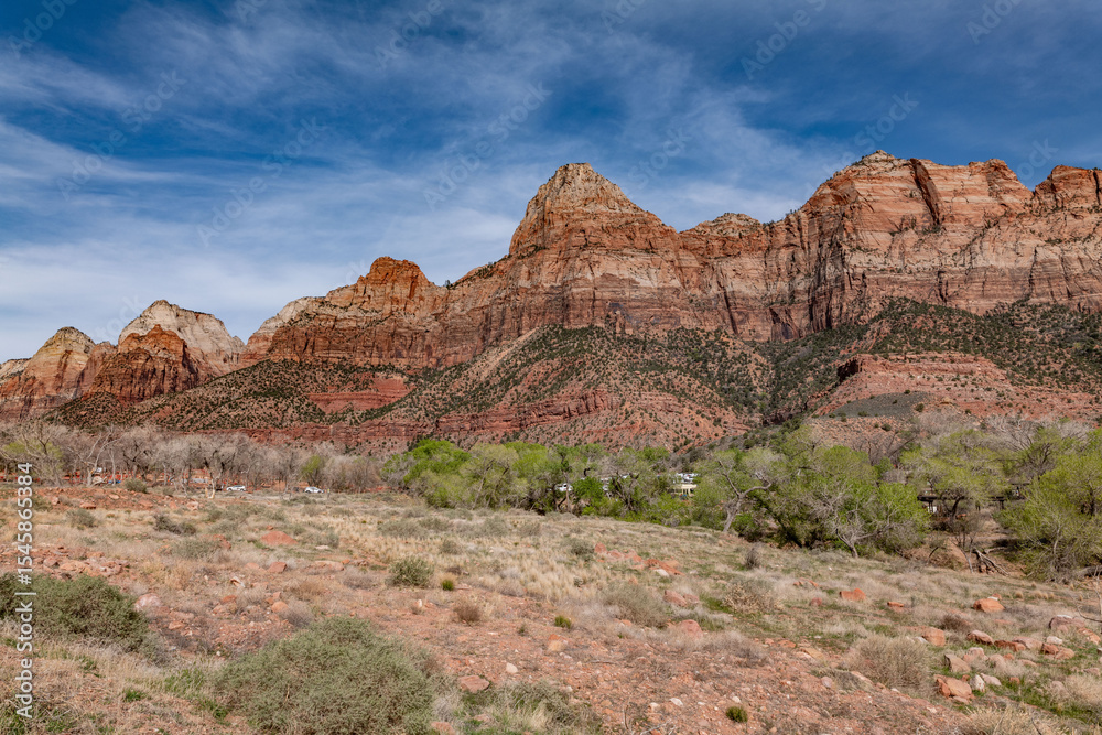 Fototapeta premium Zion Canyon (Little Zion, Mukuntuweap, Mu-Loon'-Tu-Weap Straight Cañon; weap is Paiute for canyon) is a deep and narrow gorge in southwestern Utah, carved by the North Fork of the Virgin River. 