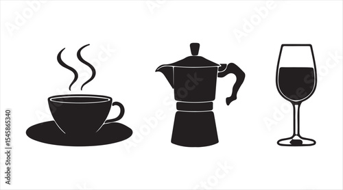 Coffee icon collection. Includes a coffee cup, coffee pot, cocktail, wine glass, and menu icons in black. Vector art.