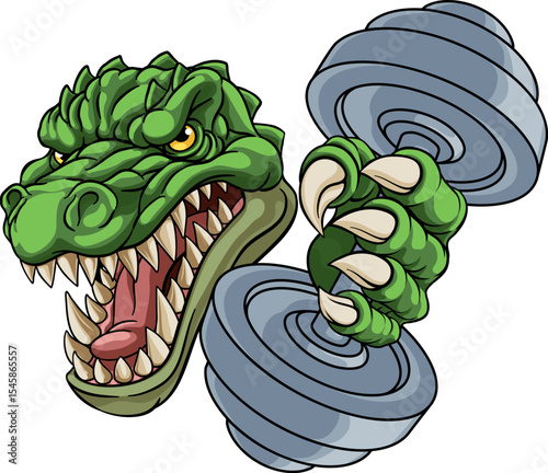 A crocodile, dinosaur or alligator lizard weight lifting trainer, exercise or body building gym cartoon sports mascot holding weights dumbbell