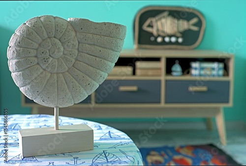 Ammonite shell on table in room decorated in marine style