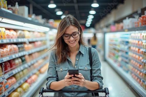 Happy woman shopping in grocery store with smartphone and cart