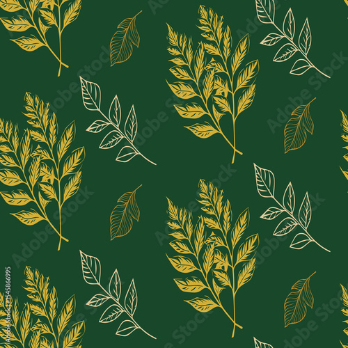 Organic seamless pattern with a mix of solid and outlined golden leaves on a dark green background. A versatile botanical design for fabric, decor, and stationery.
