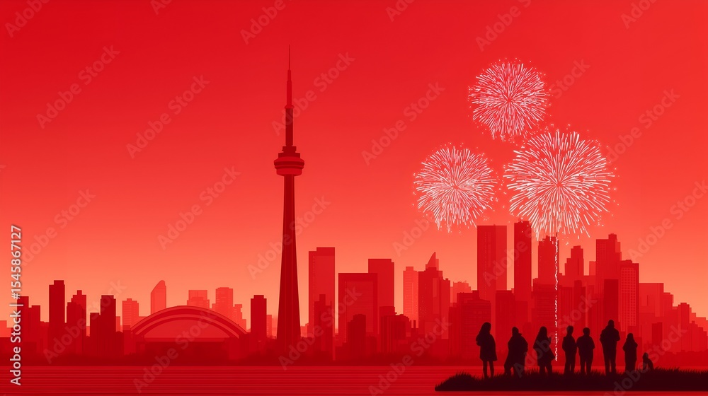 Obraz premium Silhouetted Crowd Watching Fireworks Over Toronto Skyline in Red Tones – Celebrating Canada Day and National Unity