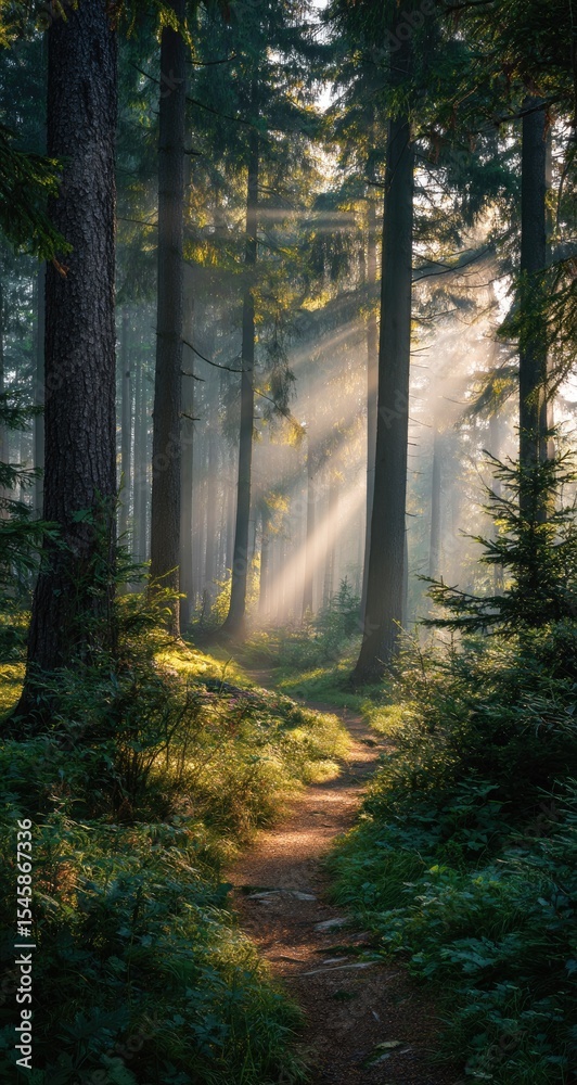 Fototapeta premium Sunbeams pierce a misty forest, illuminating a winding path through lush green undergrowth and tall, dark trees