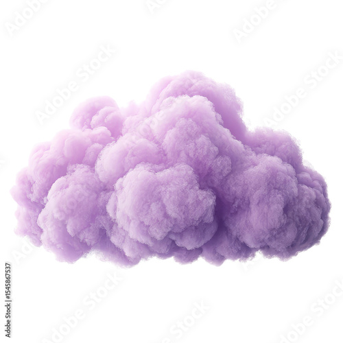 Purple fluffy cloud isolated on white background, pastel violet smoke puff, soft cotton candy texture, ethereal dreamlike vapor element