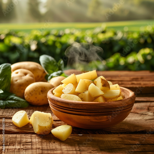 unwashed raw potatoes, potato plants and farmland in the background, warm natural lighting 