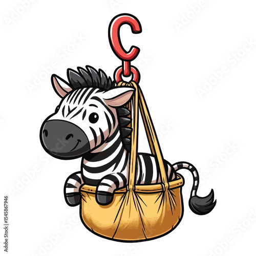 hand drawn cartoon illustration of a zebra. The zebra has a funny expression. It is sitting in a hanging bag (like a sling or a carrier) that is hooked up by a red hook. 
