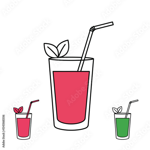 Red and Green Juice Drinks Glass Straw Mint Leaves Illustration