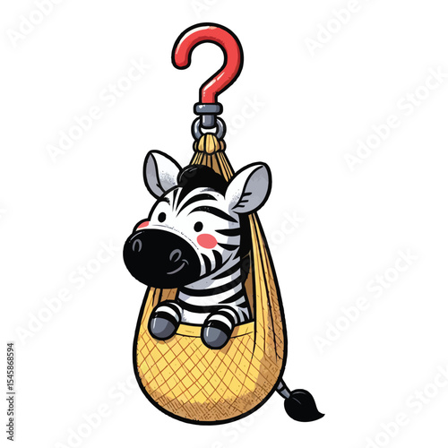 hand drawn cartoon illustration of a zebra. The zebra has a funny expression. It is sitting in a hanging bag (like a sling or a carrier) that is hooked up by a red hook. 

