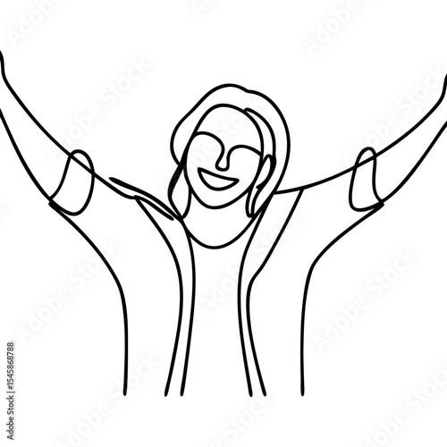 Happy person line art illustration. Joyful person with arms raised high, expressing happiness and freedom.