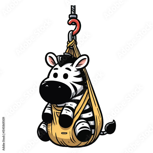 hand drawn cartoon illustration of a zebra. The zebra has a funny expression. It is sitting in a hanging bag (like a sling or a carrier) that is hooked up by a red hook. 
