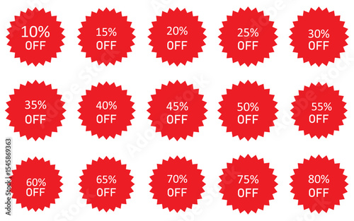 Glossy Red Sale Badge Collection   Percentage Discount Labels, Starburst Stickers   Vintage Tags Set