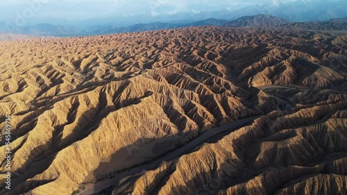Aerial view of Ak Sai Canyons The Valley of Forgotten Rivers in Kyrgyzstan southern side of  Issyl Kol lake , travel destination 
