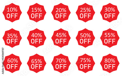 Glossy Red Sale Badge Collection   Percentage Discount Labels, Starburst Stickers   Vintage Tags Set