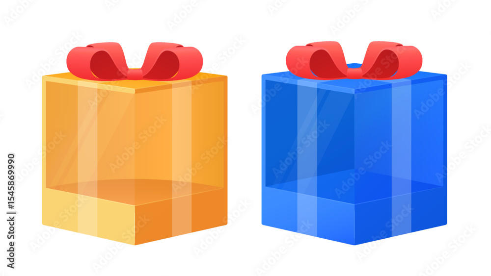Naklejka premium Empty gift box yellow, blue with red bow. Festive packaging with transparent glass and ribbon.