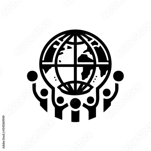 Minimalist black and white illustration of a global community representing unity and collaboration