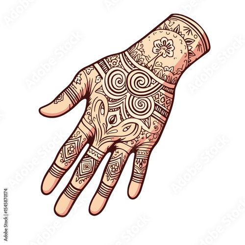 Intricate hand tattoos symbolizing cultural identity. Close-up view of detailed henna designs on hand, showcasing traditional patterns and ancestral knowledge.