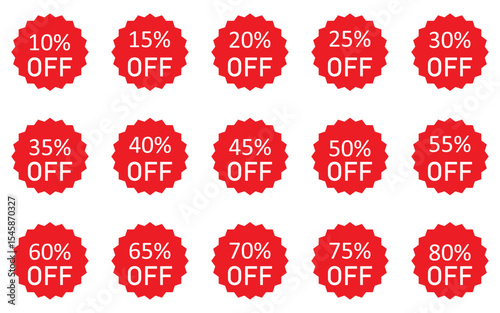 Glossy Red Sale Badge Collection   Percentage Discount Labels, Starburst Stickers   Vintage Tags Set