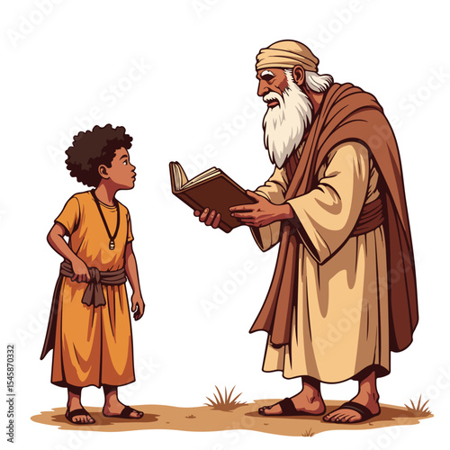 Village elder sharing ancient stories with young apprentice.  Elder imparts ancestral knowledge and native traditions to child.  Illustration ideal for indigenous peoples day materials,