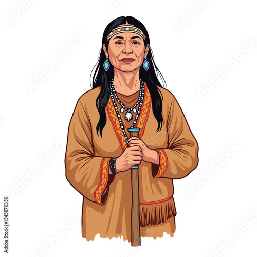 Indigenous elder in traditional clothing and beaded jewelry.  Native American woman with long dark hair holding a staff.