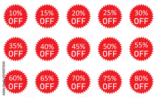 Glossy Red Sale Badge Collection   Percentage Discount Labels, Starburst Stickers   Vintage Tags Set