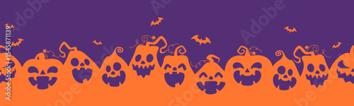 Seamless Halloween banner featuring spooky jack o lantern and pumpkin silhouettes. Flat vector background illustration ideal for Halloween party posters, festive decorations, and endless themed design