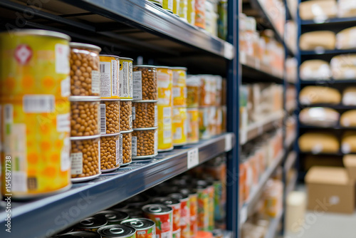 Storage shelves in a Trussell Trust local church food bank warehouse showing tins of baked beans and soup ready for food parcels