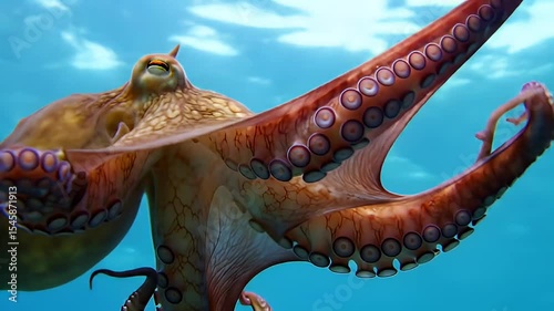 Octopus with brown and orange tentacles in blue sea
