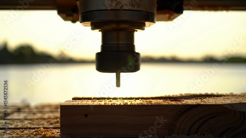 CNC mill working on wood, lake and sunrise in background