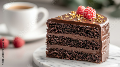 Chocolate cake slice with raspberries and coffee in background  