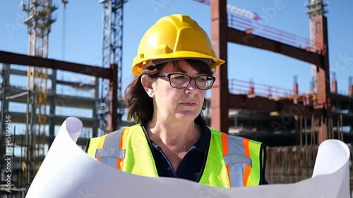 Engineer in hardhat reviews blueprints at a construction site