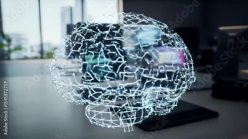 Abstract mesh brain in a dimly lit tech office with computers in view