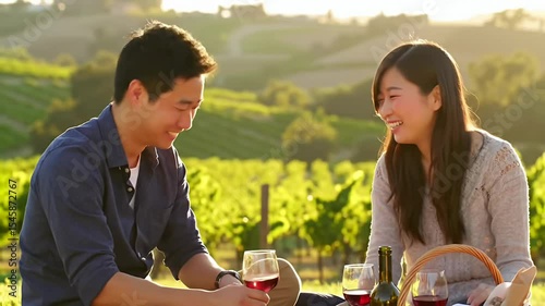 Couple enjoys wine at a sunny vineyard picnic, laughing, and relaxing