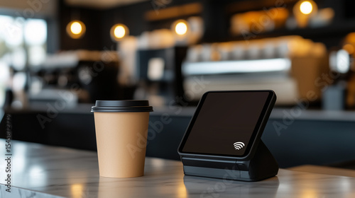 Coffee cup and digital display on table in modern cafe environment  