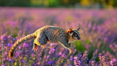 A leaping Sugar glider amidst a field of lavender
