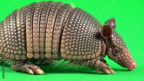Armadillo close-up with segmented shell on green background