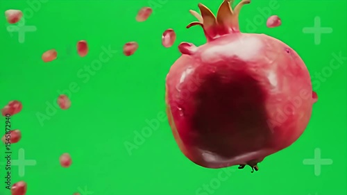 Pomegranate seeds exploding from a whole pomegranate against a green screen