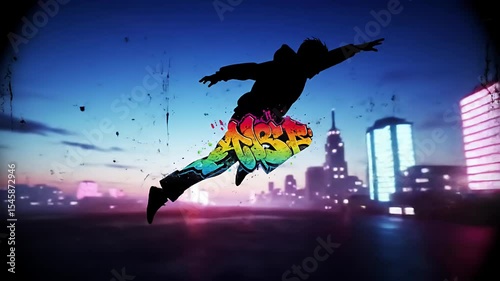 Graffiti-legged figure leaps across city at dusk