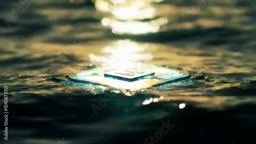 CPU chip on surface of water with bright sunlight reflection