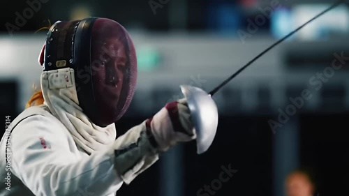 Fencer in white uniform and mask extends weapon in a fencing match