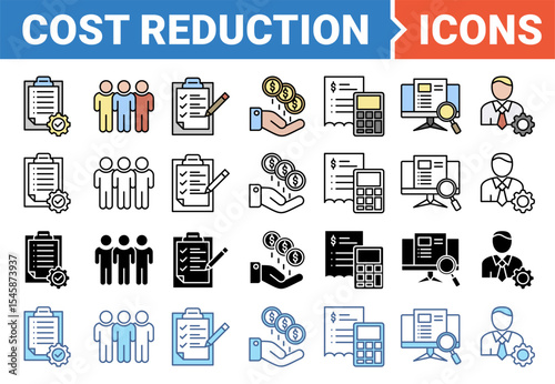 Cost reduction banner icon set with multiple style collection.	