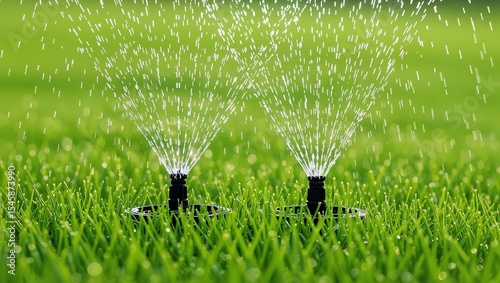 Geometric patterns created by garden sprinklers captured in mid-air using high-speed flash against a vibrant emerald green lawn backdrop.