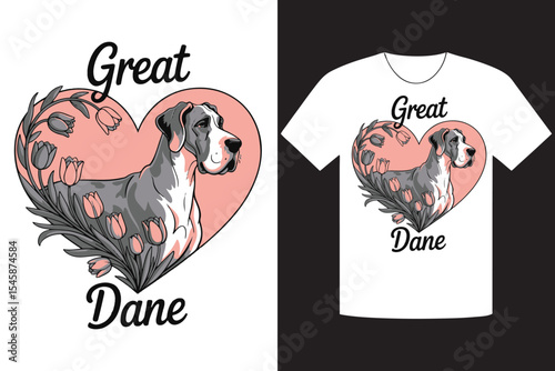 Great Dane Dog in Heart Shape with Tulips Design on White TShirt