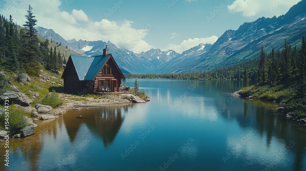 Naklejka premium Lake House Serenity Mountain View Tranquil Scenery