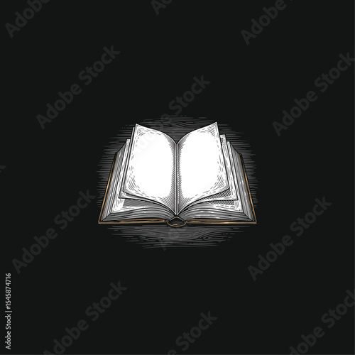Open book woodcut engraving vector illustration,drawn in an engraved, woodcut style with fine details sketch engraving vector illustration. Scratch board imitation. Black and white  flat vector design